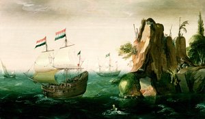 Een Nederlands koopvaardijschip voor een rotsachtige kust